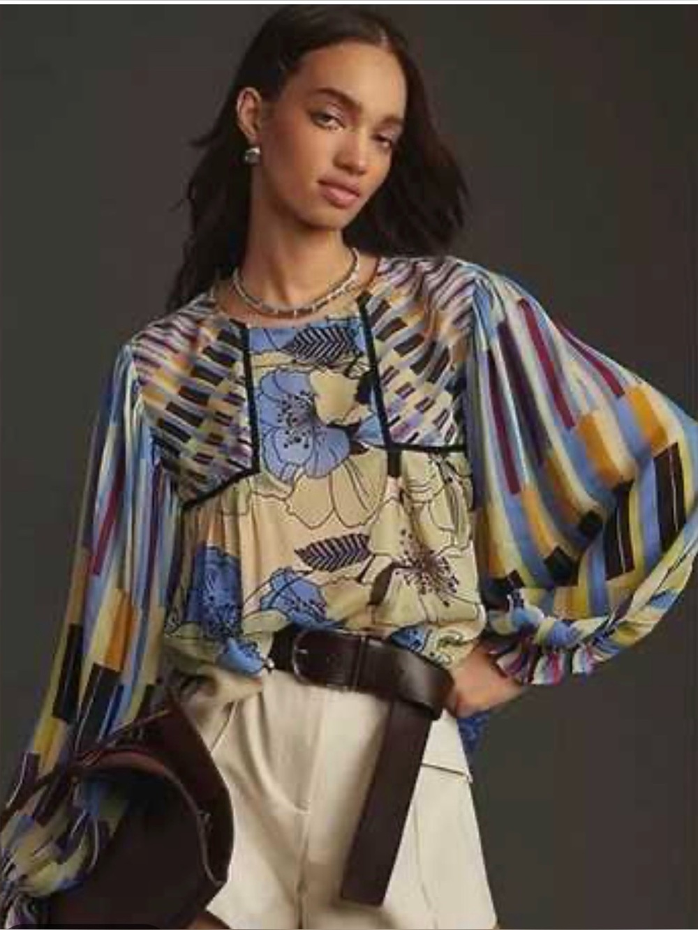 Bl^nk London Floral Blue & Cream Long Sleeve Top